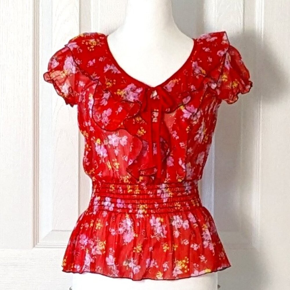 SHUI SI QING Women's Short Sleeve Blouse Top  Size M  Red Floral  Print